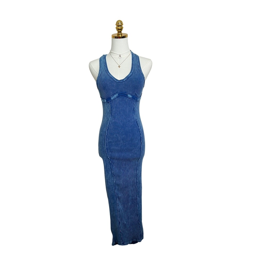 Fashion Nova Blue Acid Wash Ribbed Knit Bodycon Midi Dress Sleeveless‎ XS